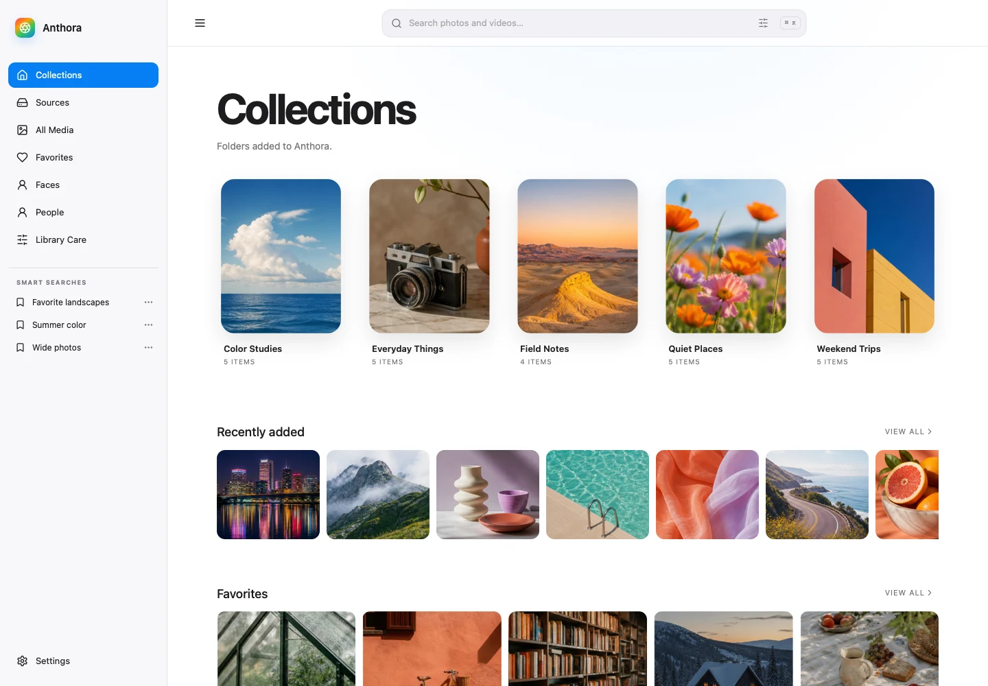 Anthora showing media folders in a bright local library