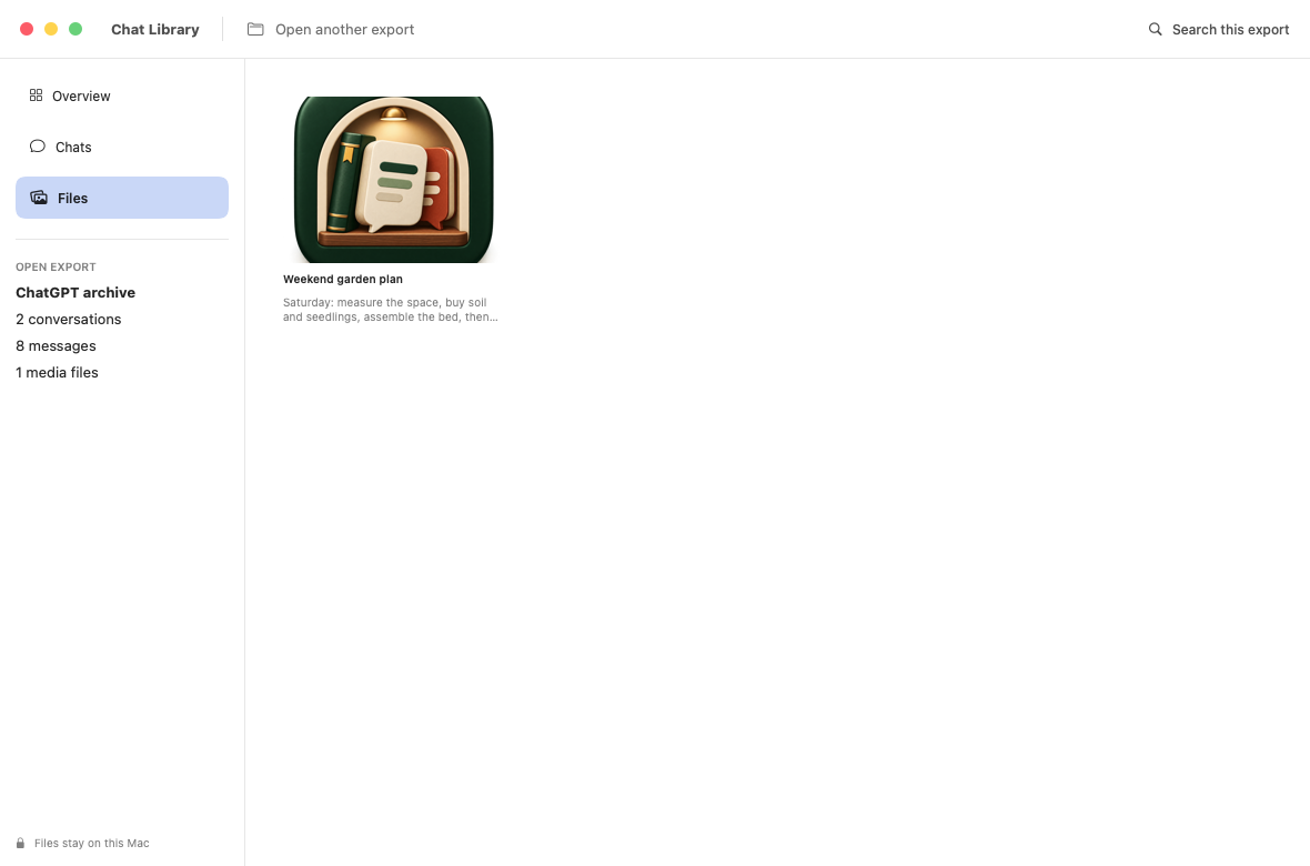 Chat Library showing an included file from a fictional export