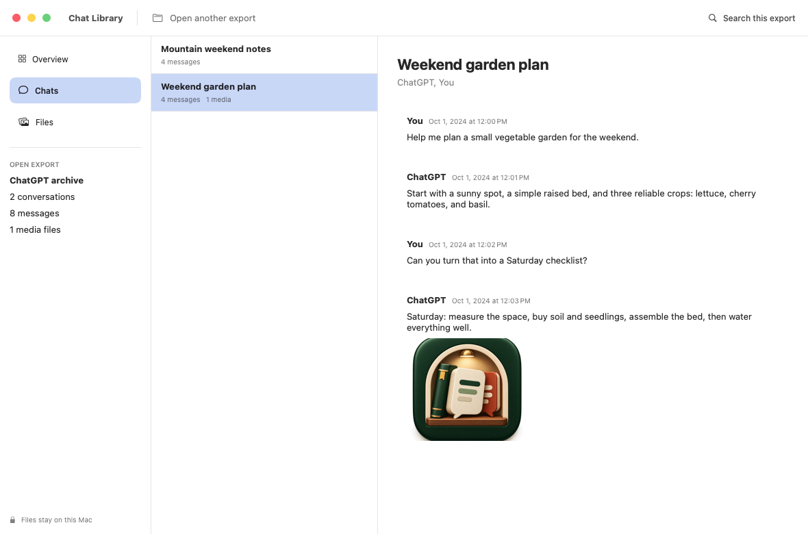 Chat Library showing fictional exported ChatGPT conversations