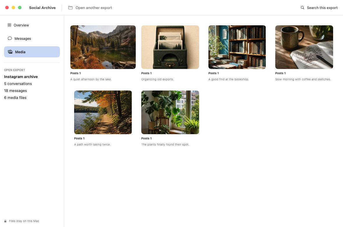 Social Archive media gallery filled with fictional sample photos