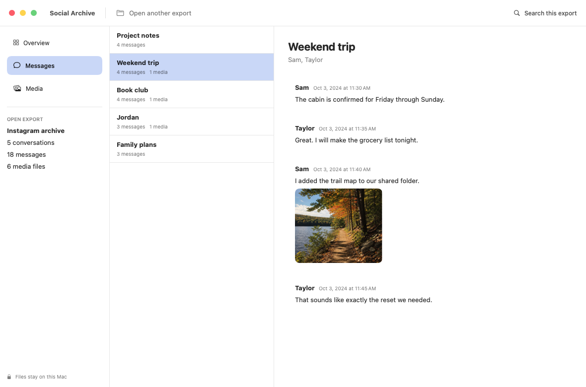 Social Archive showing a fictional conversation