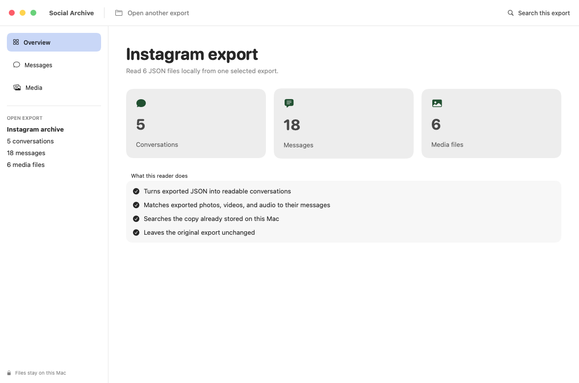 Social Archive overview with conversation, message, and media totals